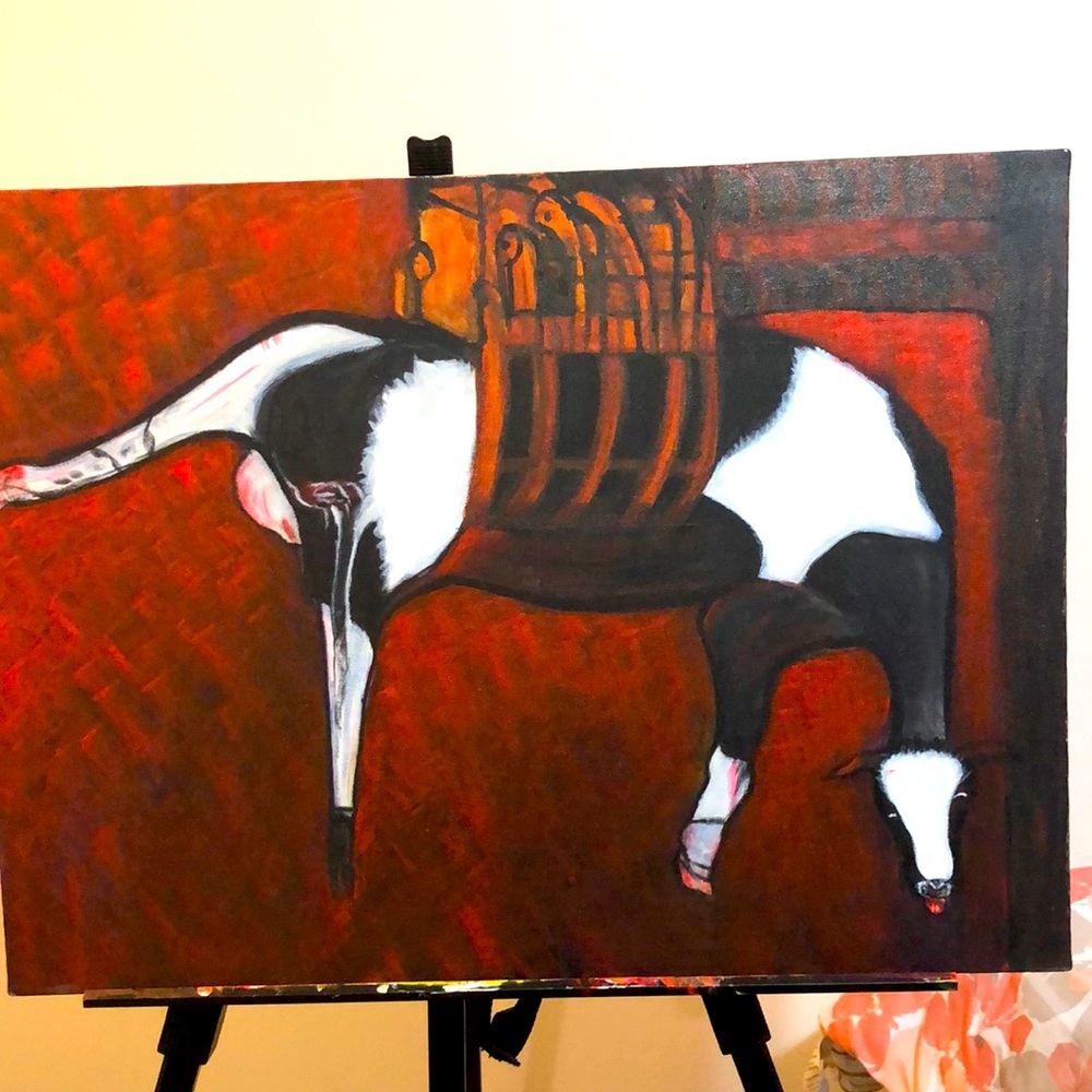 Dramatíc painting : factory farm cow hanging